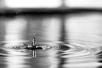 Sticker - Grayscale closeup of water drops, high-speed camera with circles effects around