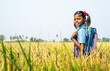 happy smiling school girl kid looking camera while standing at paddy field in unifrom showing with copy space - concept confident, education and back to school.