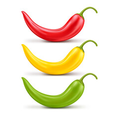 Wall Mural - A set of three hot chili peppers, different colors, red, yellow and green. Elements for design. Vector realistic icons.