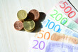Closeup shot of swedish krona banknotes and coins
