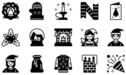 Poster - Set of Vector Icons Related to Christmas. Contains such Icons as Mistletoe, Snow Globe, Fireplace, Chimney, Celebration, Mitten and more.