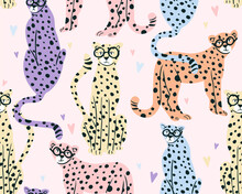 Hipster Cheetah Seamless Pattern With Hearts. Cute Background For Girls, Baby Or Kids.