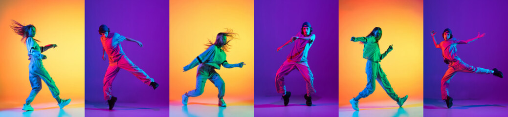 Wall Mural - Bright collage with men dancing breakdance and hip-hop dancers isolated on multicolor background in neon. Youth culture, hip-hop, style and fashion, action.