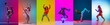 © master1305 - Bright collage with men dancing breakdance and hip-hop dancers isolated on multicolor background in neon. Youth culture, hip-hop, style and fashion, action.