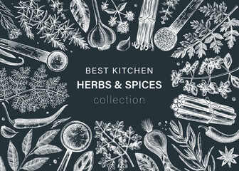 Wall Mural - Hand drawn herbs and spices vector frame design. Hand-sketched food illustration on chalkboard. Vintage aromatic plants hand-drawing. Kitchen herbs and spice frame template in sketched style.