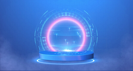 Poster - Hi-tech blue futuristic circle 3D stage with smoke. HUD hologram projector, podium. Blank Hologram for show your product. Circle technology portal. Vector illustration