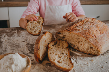 Wall Mural - Little girl in apron holding a slice of homemade bread