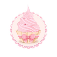 Delicious Cupcake With Pink Cream And A Bow On A Lace Napkin