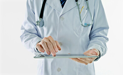 Wall Mural - Doctor working on digital tablet against white background