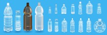 Empty Plastic Bottles. Realistic Transparent Container For Water Or Liquids, Isolated 3D Mockups For Advertising. Vector Set Illustrations Containers For Global Beverage Packaging On Blue Background