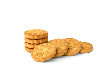 Wall Mural - Pile of round cookies for tea isolated on white background.