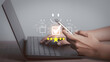 © The KonG - Satisfaction survey concept. Customer service evaluation Business people or customers show satisfaction through the application on the mobile screen. Giving the most satisfaction rating and 5 stars.