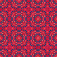 Indian boho summer bandana seamless symmetrical pattern. Versatile masculine red blue scarf print in kaleidoscopic floral ornamental style.