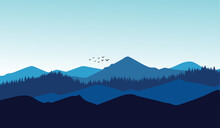 Vector Illustration Mountains. Mysterious Landscape Of Forest, Mountaings In Fog