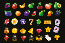 Casino Slot Game Vector Icon Set, Gambling Machine UI Badge Kit, Golden Award Crown, Glossy Fruit. Classic Vegas Jackpot Symbol, Lucky Bonus Chips, Playing Cards, Bar Sign. Shiny 3D Casino Icon Assets