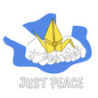 Open children hands with origami crane in blue yellow colors, peace no war concept and just peace script, japanese symbol against atom bomb vector illustration