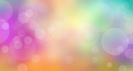 Abstract colorful bokeh light background effect, blurred circles of blue green yellow orange pink purple and gold colors in soft spring sky illustration