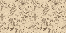 Hand Drawn Doodle Sights Seamless Pattern, Travel Background, Great For Textiles, Wrapping, Banners, Wallpapers - Vector Design