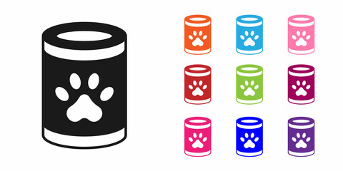 Wall Mural - Black Canned food icon isolated on white background. Food for animals. Pet food can. Set icons colorful. Vector