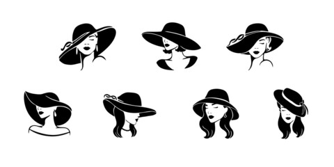 portraits of ladies with elegant hats on white background. set of beauty logo design. vector illustr