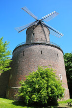 View On Medieval Historical Brick Stone Tower Windmill, Blue Sky - Kempen, Germany