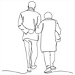 © Yurii - Elderly couple in continuous line art drawing style. Senior man and woman walking together holding hands. Minimalist black linear sketch isolated on white background. Vector illustration