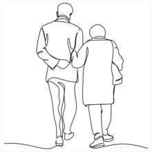 Elderly Couple In Continuous Line Art Drawing Style. Senior Man And Woman Walking Together Holding Hands. Minimalist Black Linear Sketch Isolated On White Background. Vector Illustration
