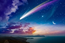 Amazing Unreal Background: Giant Colorful Comet And Rising Crescent Moon In Starry Sky Over Calm Sea