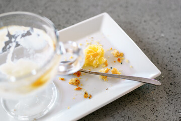 Empty dishes and crumbs on the glass after breakfast. Leftover food in dirty glasses. Delicious lovely breakfast