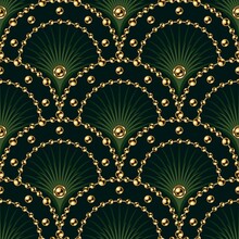 Seamless Green Pattern With Fan Shaped Grid, Gold Ball Chains, Beads, Thin Color Rays Inside Of Grid Cell. Classic Luxury Background.