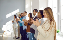 Multiracial Smiling Group Of Business People Standing In Line And Applauding At The Office Against Big Window On Background - Business Company Team, Standing Ovation After A Successful Meeting