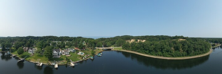 Panoramic aerial view of lake Monroe, Muskegon Michigan. aerial drone 