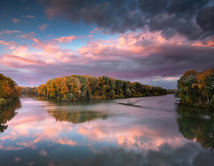 Wall Mural - Wonderful sunset over Tisza river at Tokaj in autumn