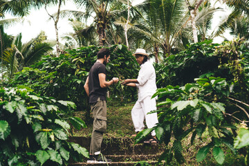 Wall Mural - Two male persons in casual clothes talking about coffee growth in Indonesia - visiting rural countryside togetherness, diverse farmers discussing caffeine bush growth during daytime for business