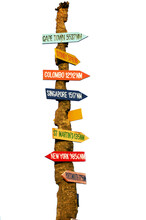 Vertical 3D Rendering Of A Signpost Showing The Distance To Famous Cities On A White Background
