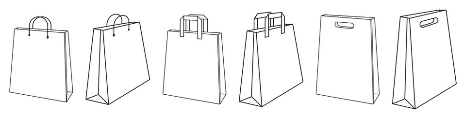 set of shopping bags icon in thin outline, monoline style