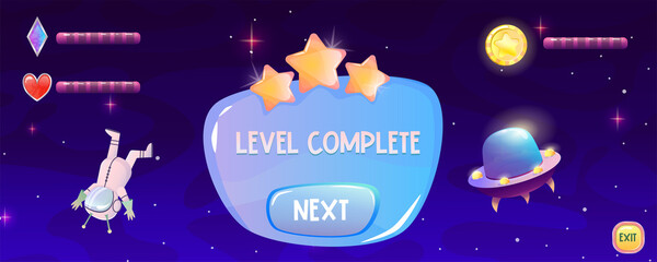 Space game ui screen with buttons, alien and level complete. Screen with planet, indicators of heart, crystals and coins, flying astronaut alien. Cartoon vector illustration for app game menu.