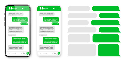 Realistic smartphone with messaging app. Blank SMS text frame. Conversation chat screen with green message bubbles. Social media application. Vector illustration.