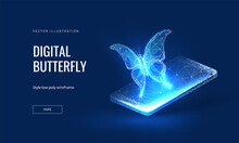 Digital Butterfly On Smartphone Background In Digital Futuristic Style. The Concept Of Developing An Online Startup Or Blackchain Technology. Vector Illustration With Light Effect And Neon