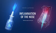 Nose disease in futuristic polygonal style. Treatment of rhinitis or allergies with spray. Otolaryngologist's landing page. Vector illustration demonstrates pain and inflammation on the nasal mucosa