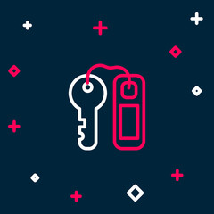 Wall Mural - Line Hotel door lock key with number tag icon isolated on blue background. Colorful outline concept. Vector