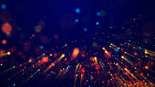 Magic Multicolored Sparkles Of Light With Rays Form Flickering Abstract Simple Structures Like Fiber Optic Or Laser Show With Amazing Bokeh For Fantastic Background. 3d Render