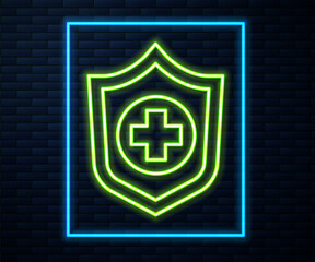 Wall Mural - Glowing neon line Life insurance in hand icon isolated on brick wall background. Security, safety, protection, protect concept. Vector