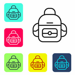 Sticker - Black line School backpack icon isolated on white background. Set icons in color square buttons. Vector