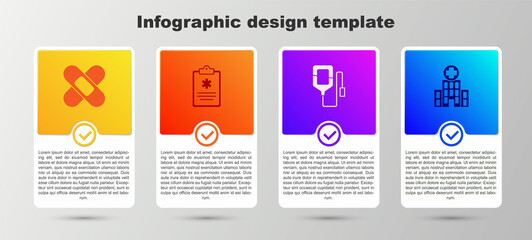 Canvas Print - Set Crossed bandage plaster, Clinical record, IV bag and Medical hospital building. Business infographic template. Vector