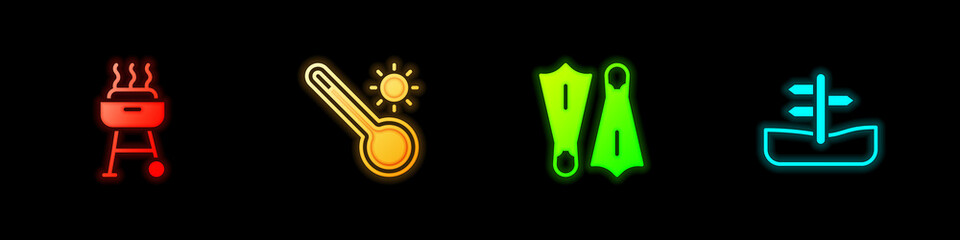 Poster - Set Barbecue grill, Meteorology thermometer, Rubber flippers for swimming and Road traffic sign icon. Vector