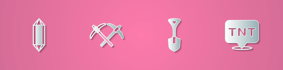 Poster - Set paper cut Gem stone, Pickaxe, Shovel and Dynamite icon. Paper art style. Vector