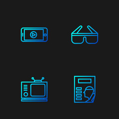 Poster - Set line Cinema poster, Retro tv, Online play video and 3D cinema glasses. Gradient color icons. Vector