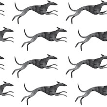 Seamless Repeatable Pattern Of Stylized Running Dog Silhouette. Hand Painted Watercolour Drawing. Creative Background For Design, Wallpaper, Textile Print, Card, Wrapping Paper, Pet Supplies Package.