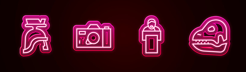 Canvas Print - Set line Roman army helmet, Photo camera, Gives lecture and Dinosaur skull. Glowing neon icon. Vector